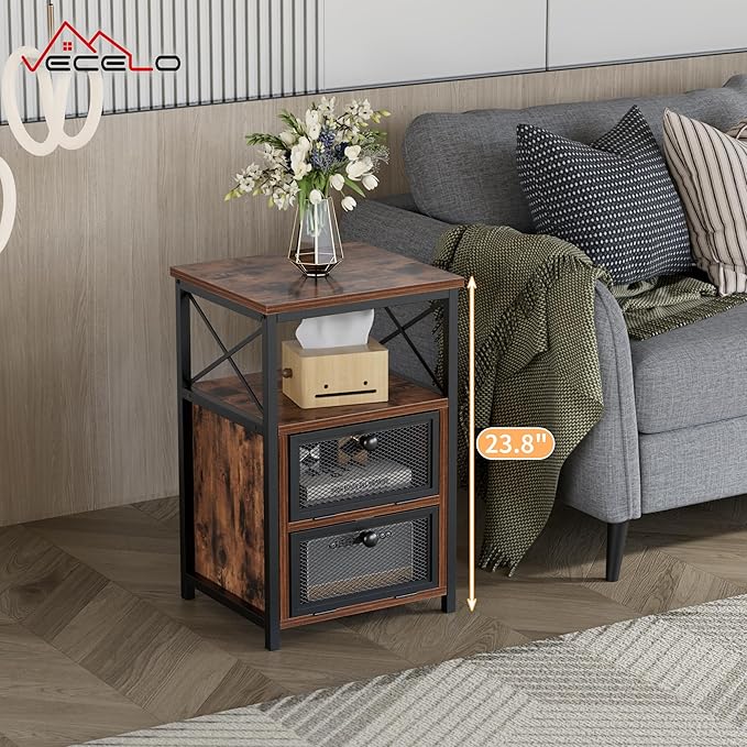 VECELO Nightstand Set of 2, End Table with Flip Drawer, Modern Night Stand for Bedroom,Living Room, Office, Easy Assembly, Light Brown