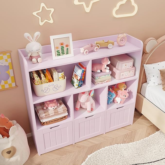 Gizoon Toy Storage Cabinet and Kids Bookcase with 3 Movable Drawers and 6 Open Shelves Featuring Fall Prevention Barrier for Playroom Nursery Kids Room Organization, Pink
