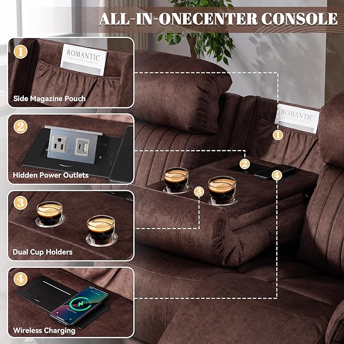 Zero Gravity Power Reclining Sofa Set, 3-Seater Reclining Couch with Drop Down Table + 2-Seater Power Loveseat Recliner with Console, Adjustable Headrests, Living Room Furniture (Velvet, Brown)