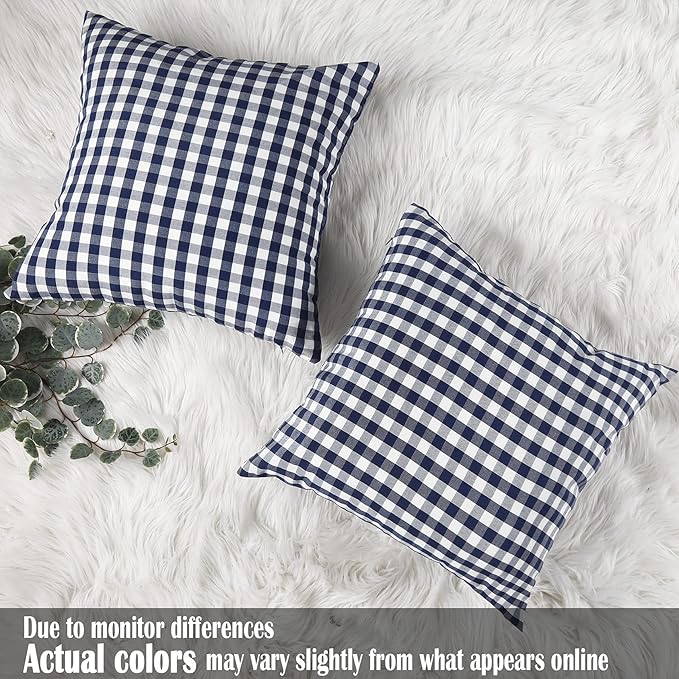 CARRIE HOME Navy Blue Plaid Outdoor Throw Pillow Covers 18x18 Set of 2 Blue and White Gingham Pillow Covers Farmhouse Decor for Bedroom and Christmas Holiday