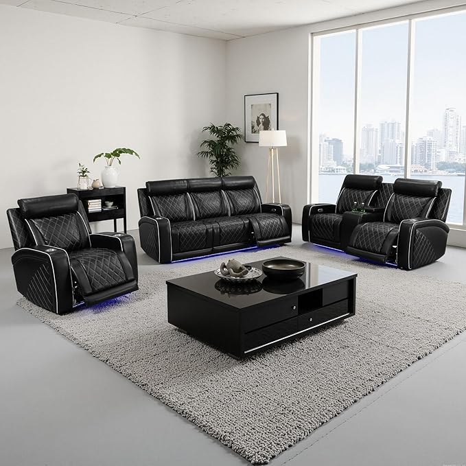 Power Recliner Sofa Set with LED, Breathable Leather Recliner Couch Loveseat Chair Set with USB Port/Cup Holder/Storage, 3 Piece Reclining Living Room Set for Home Theater (Black-3)