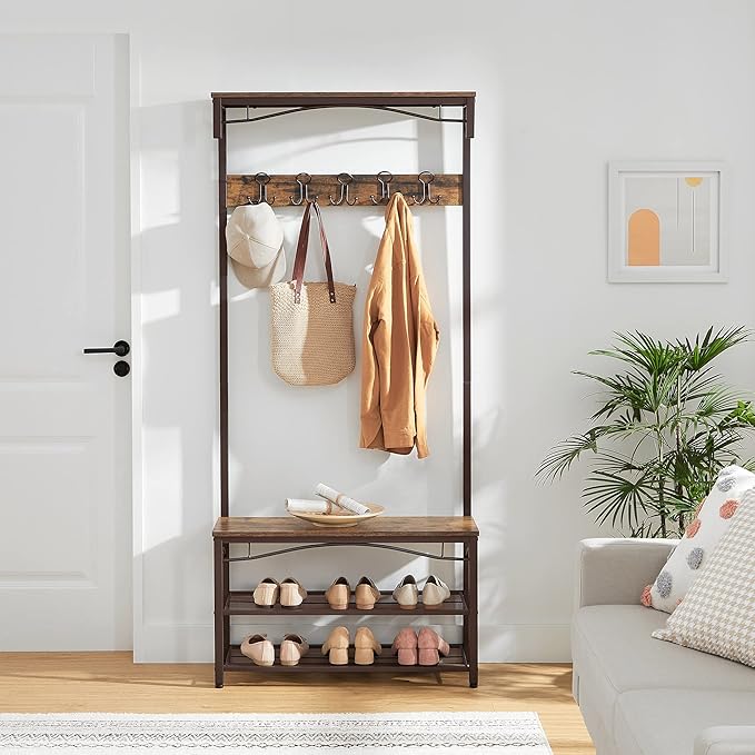 VASAGLE Coat Rack, 3-in-1 Hall Tree, Entryway Shoe Bench Coat Stand, Storage Shelves Accent Furniture Steel Frame Large Size, Industrial, Rustic Brown and Bronze UHSR45AX