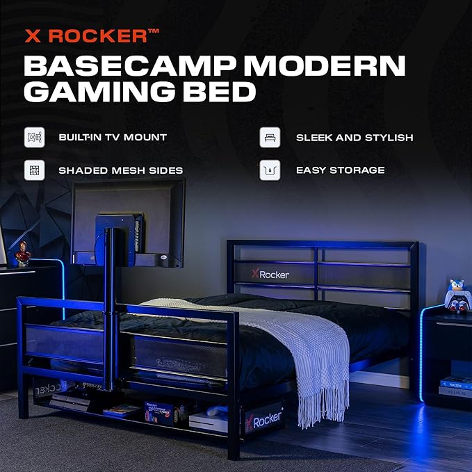 X Rocker Basecamp Full Size Gaming Bed, Rotating TV Mount with Vented Console Storage, Metal Mesh Frame with Slats, Amazon Exclusive, Black