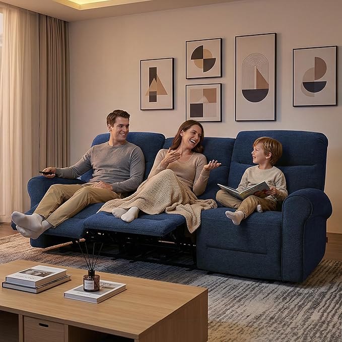 MCombo 87.8" Wall Hugger Power Reclining Sofa, 3-Seat Triple Recliner Couch with USB Ports, Rolled Arm Space Saving Recliner Sofa for Living Rooms Apartments RV, Fabric PR635M5 (Navy Blue) | 1.4" Wall Clearance