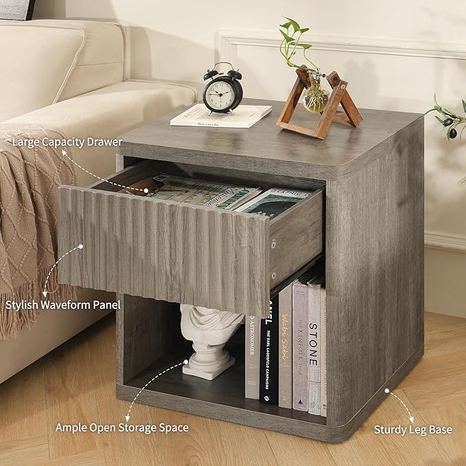 Night Stand Wide Bedside Table End Tables with Storage and Drawers, Modern Fluted Nightstand Side Table for Bedroom Living Room, Grey