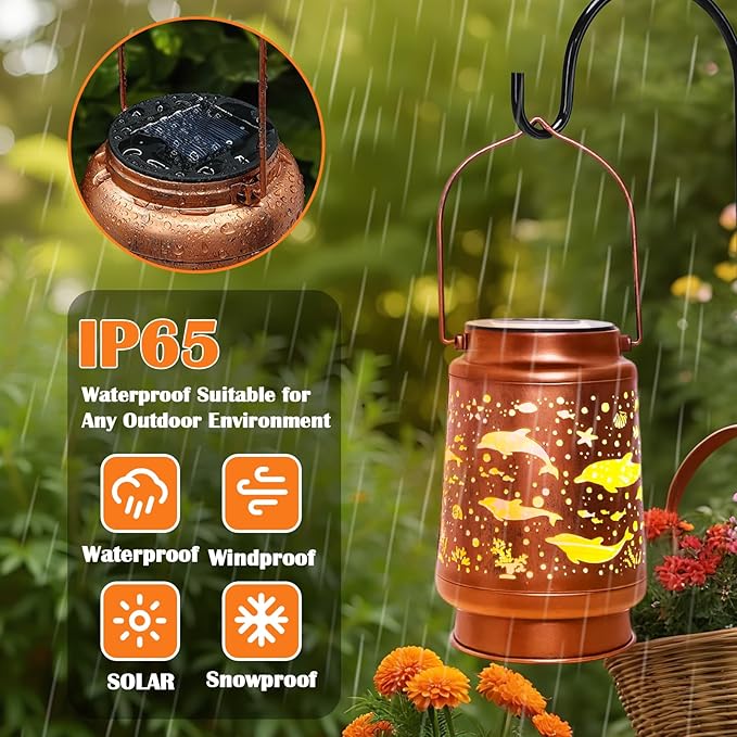 Dolphin Birthday Gifts for Women Mom Grandma, Solar Lanterns Outdoor Waterproof Garden Decor Hanging Lantern Lights, Metal LED Decorative Gardening Light for Patio Yard Lawn