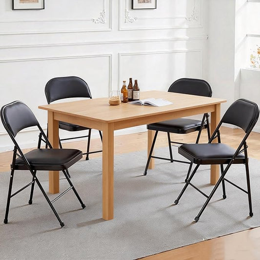 Simple Deluxe Dining Chairs Set of 4, Leather Cushion Foldable Contemporary Kitchen Side Chair with Padded Back & Sturdy Metal Legs, Upholstered Seat for Home/Living Room/Bedroom/Cafe, Black