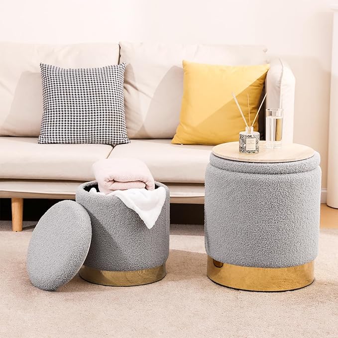 Sherpa Round Ottoman Set of 2 with Storage, 12 Gallon Hidden Storage Ottoman, Multi-Functional Footrest Stool, Vanity Seat, Coffee Table, No Assembly Required, Holds 300lbs (Gray)