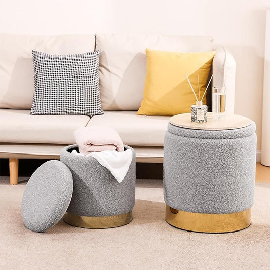 Sherpa Round Ottoman Set of 2 with Storage, 12 Gallon Hidden Storage Ottoman, Multi-Functional Footrest Stool, Vanity Seat, Coffee Table, No Assembly Required, Holds 300lbs (Gray)