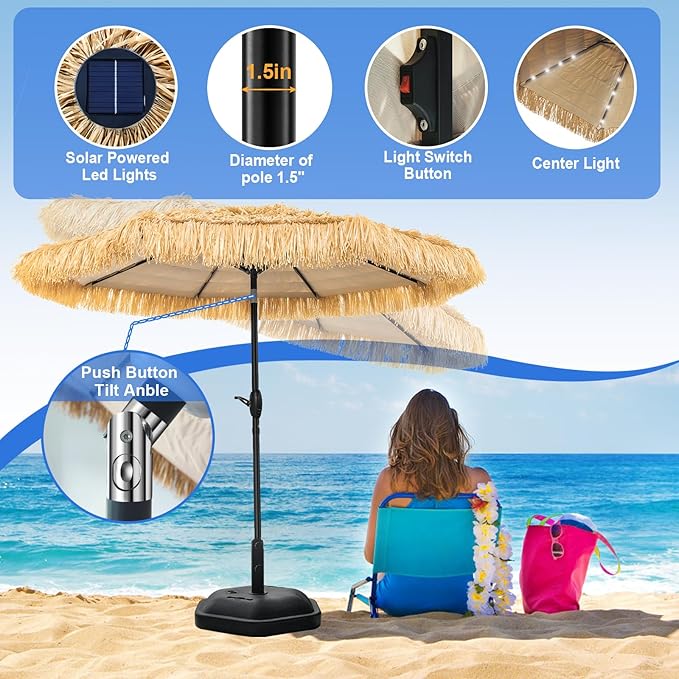 9 FT Solar Thatch Tiki Umbrella, Hawaiian Style Straw Umbrellas, UPF 50+ Patio Umbrella,Outdoor Umbrella with 32 LED Lights for Beach, Pool,Garden