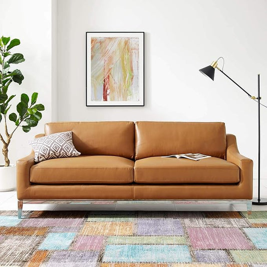 Modway Harness 83.5" Leather Sofa in Tan with Stainless Steel Base