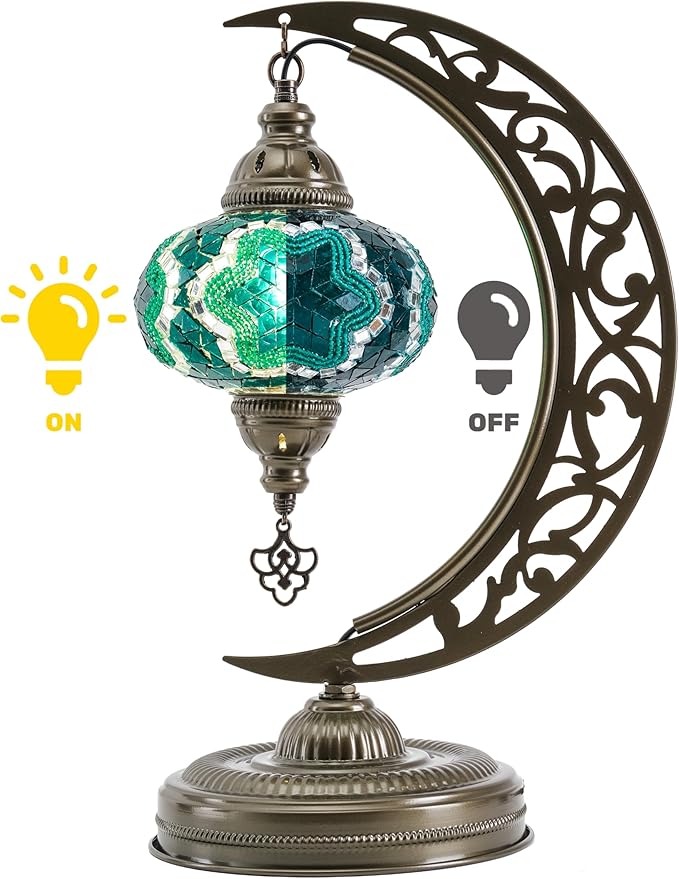 Mozaist Turkish Stained Glass Luna Shape Table Lamp, Moroccan Crescent Tiffany Style Handmade Desk Light, Rustic Moon Living Room, Mosaic Lampshade Office Decorative Dim Lighting (Emerald Green)