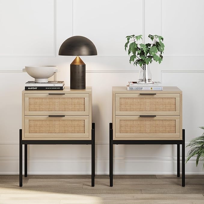 Nathan James Andrew End, Bedside or Side Table in Matte Light Oak Finish with Two Natural Rattan Drawers Doors for Storage and Brass Gold Accents for Living Room or Bedroom, Oak/Cane/Gold, Set of 2