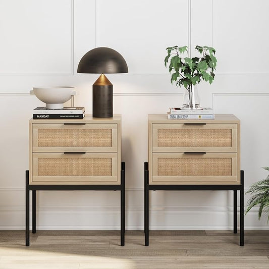 Nathan James Andrew End, Bedside or Side Table in Matte Light Oak Finish with Two Natural Rattan Drawers Doors for Storage and Brass Gold Accents for Living Room or Bedroom, Oak/Cane/Gold, Set of 2