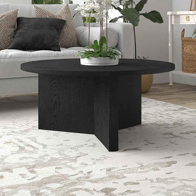 Henn&Hart 36" Round Wood Pedestal Coffee Table for Living Room, Family Room, Office, or Apartment, Natural Black
