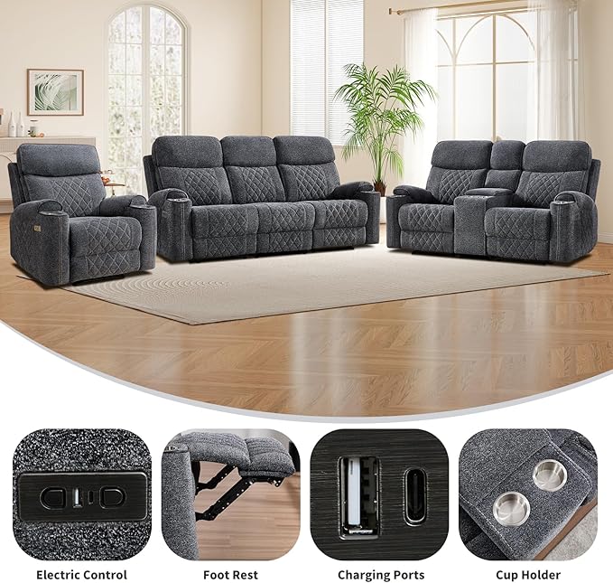 EBELLO Power Recliner Chair, Electric Fabric Reclining Sofa with Cup Holders, USB Charging Ports, for Living Room, Bedroom and Meeting Room, Grey