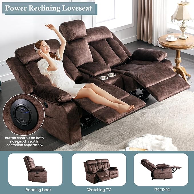 GUEAPY Power Reclining Loveseat with Heat and Massage,Double Recliner Loveseat with Console,Electric Loveseat Recliner with Cup Holders,USB & Type-C Charge Ports for Living Room,RV | Full Body Massage, Electric Tilt