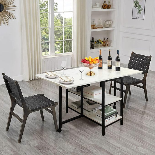 AT-VALY Folding Dining Table with 2 Storage Open Shelf,Drop Leaf Extension Dining Table,Top Folding 15.7" to 55.1" Kitchen Table (Black)