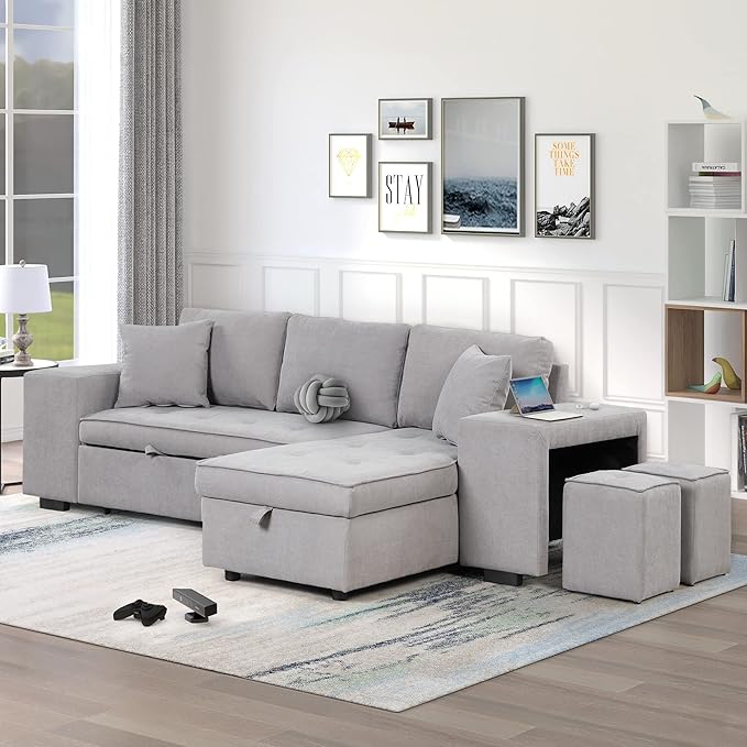 Merax Sleeper Sofa Bed with Reversible Storage Chaise Lounge and 2 Storage Ottoman, L-Shape Couch for Living Room