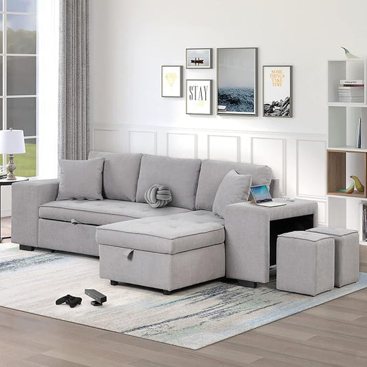 Merax Sleeper Sofa Bed with Reversible Storage Chaise Lounge and 2 Storage Ottoman, L-Shape Couch for Living Room