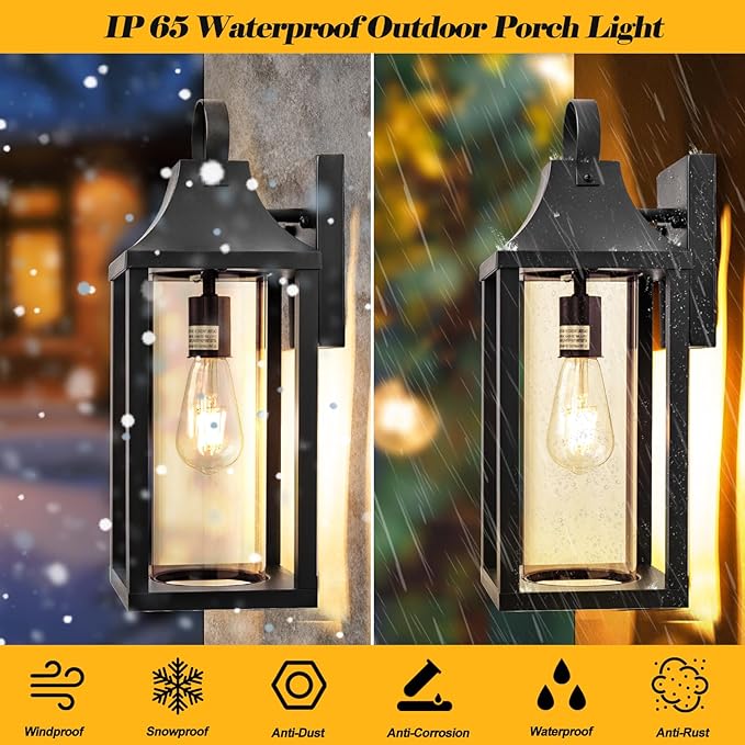 17 Inch Porch Light Large Black Outdoor Light Fixture with Cylindrical Clear Glass, IP65 Waterproof Exterior Lighting Fixture Outside Lantern for House Outdoor Wall Sconce, Matte Black