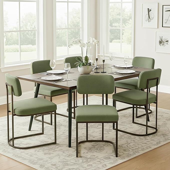Dining Chairs Set of 6, Upholstered Modern Kitchen Chairs with Ergonomic Backrest, Fabric Cushion Seat & Wire Drawing Metal Legs for Living Room, Restaurant, and Café, Olive, 2Boxs