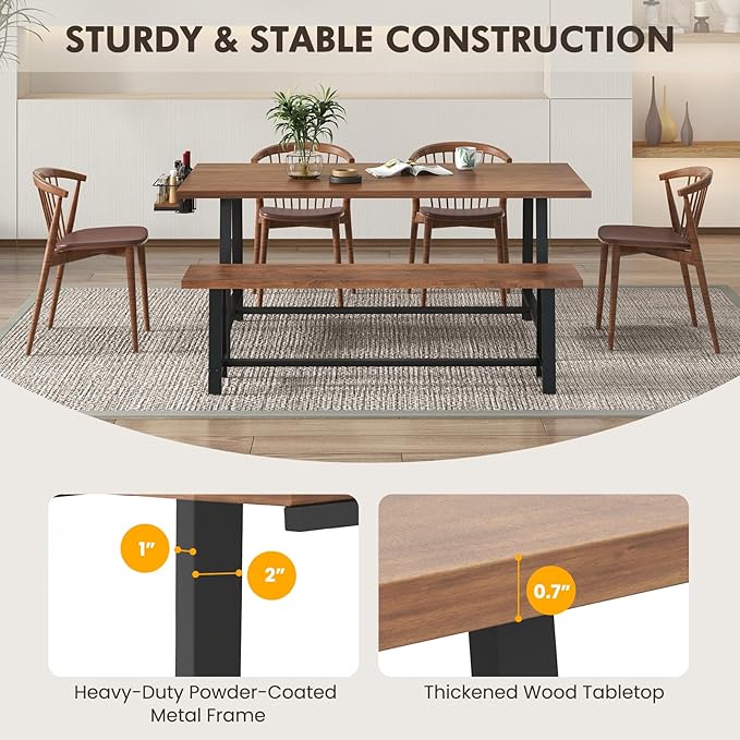 GOFLAME Dining Table for 5-7 People, 72” Large Wooden Kitchen Table with Wine Rack and Spice Rack, Rectangular Dinner Table with Metal Frame for Dining Room, Living Room, Walnut