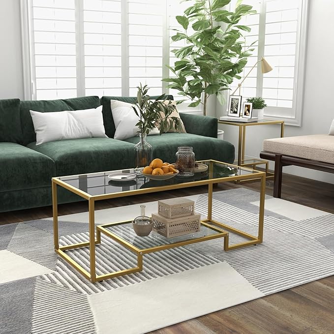 NAFORT Tempered Glass Coffee Table, 45 Inch Gold Rectangular Modern Center Table with Lower Storage Shelf