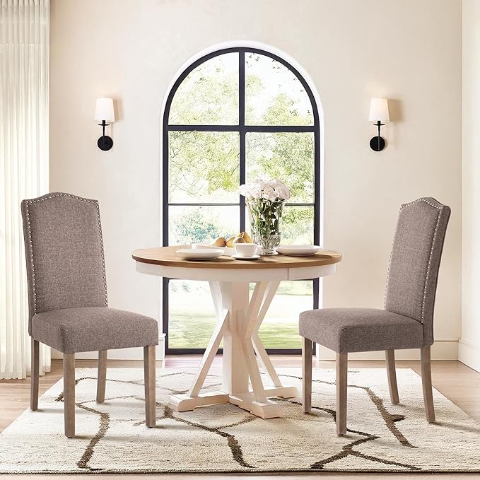 Upholstered Dining Chair Stylish Parsons Kitchen High Back with Silver Nailhead Trim & Wood Legs, 6-Pack, Fabric Brown