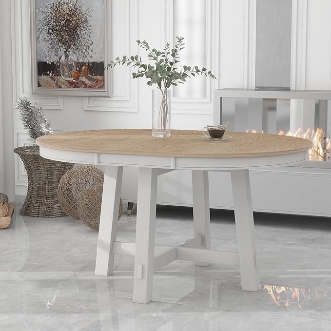 Ball & Cast Farmhouse Extendable Dining Table for 4-6, 42"-58" Extendable Kitchen-Table with a 16" Leaf, Round Ellipse Retro Wood Dining Room-Table w/Removable Leaves,Space Saving, Oak+Off White