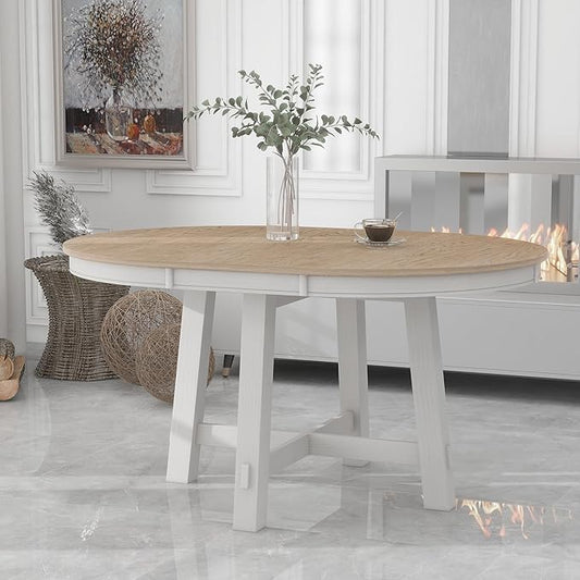 Ball & Cast Farmhouse Extendable Dining Table for 4-6, 42"-58" Extendable Kitchen-Table with a 16" Leaf, Round Ellipse Retro Wood Dining Room-Table w/Removable Leaves,Space Saving, Oak+Off White