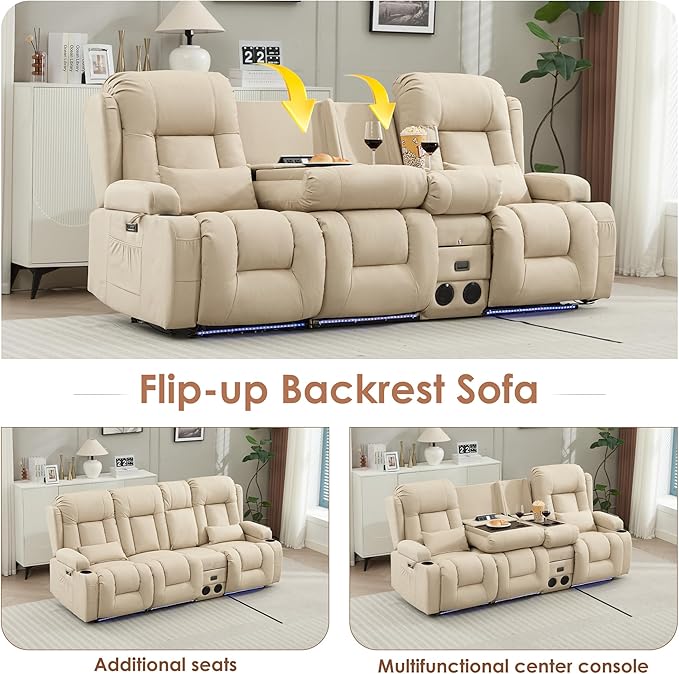 TUNYI Wall Hugger Loveseat Recliner Sofa with Console, Power Reclining Loveseat RV Couch with Massage & Heat/USB/Outlet/Storage/LED Light/Speaker (Beige, 3 Seat with Console)