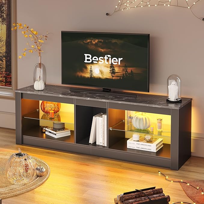 Bestier LED Gaming TV Stand for 55 Inch TV, Entertainment Center with Adjustable Glass Shelves, Modern TV Console for Living Room & Bedroom, Black Marble