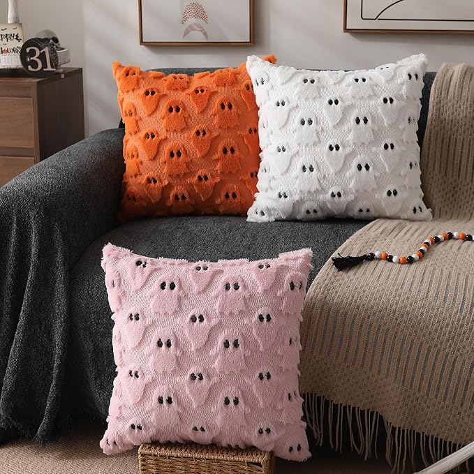 DFXSZ Halloween Pillow Covers 18x18 inch Set of 2 Pink Ghost Throw Pillow Cases Soft Plush Faux Fur Wool Couch Cushion Case for Chair Sofa Bedroom Living Room Home Decor PTK03B18