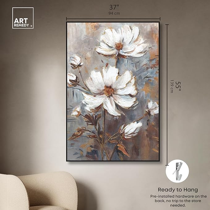 Art Remedy White Textured Flowers Canvas Elegant Floral Wall Art, Black Frame, 36" x 54"