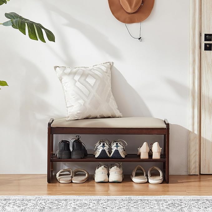 Shoe Rack Bench,2 Tier Wooden Entryway Bench with Shoe Storage, Shoe Rack with Cushion for Living Room, Hallway(Pu Beige, 31.5")