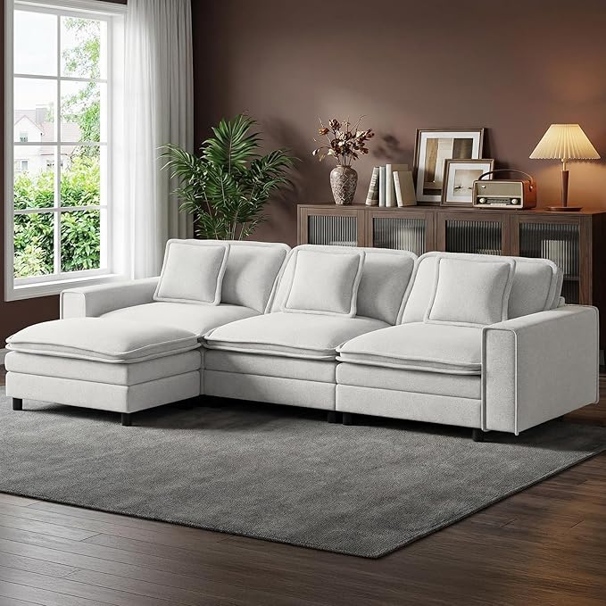 MALOL Modular Sectional Sofa 107", Comfy Cloud Couch with Ottoman, Deep 4-Seat L Shaped Modular Sofa, Couches with Throw Pillows for Living Room, Beige