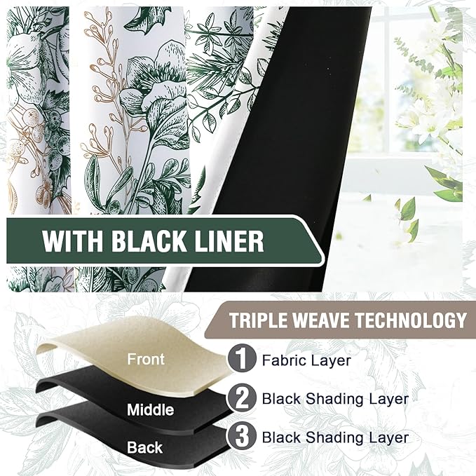 H.VERSAILTEX 100% Blackout Window Curtain Panels Light Blocking Drapes with Black Liner Thermal Vintage Floral Draperies Back Tab/Rod Pocket Curtains for Bedroom(2 Pieces, 52 x 96 Inches, Moss/Wheat)
