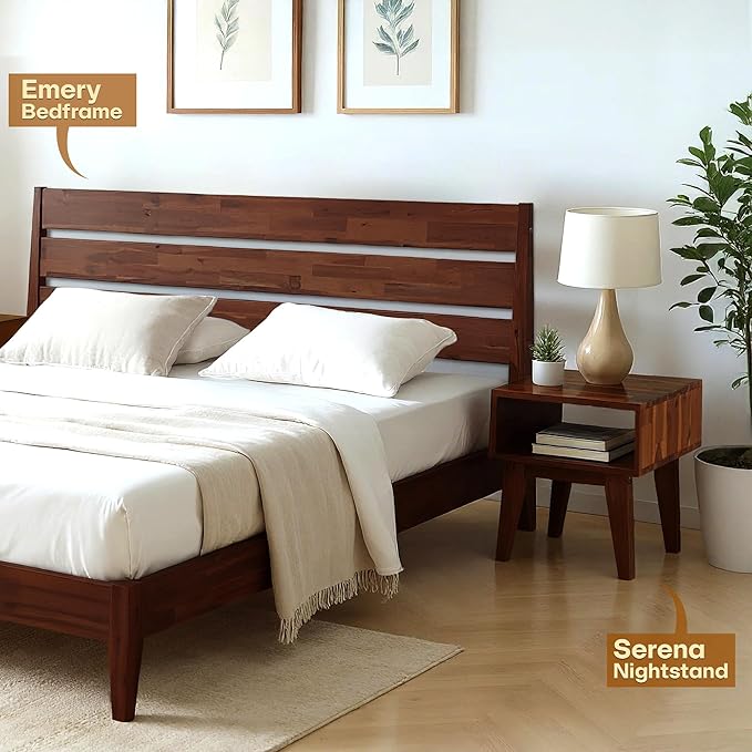 Acacia Serena Nightstand Solid Wood Nightstand with Open Storage Shelf, Wood Bedside Table, Night Stands for Bedroom - Chocolate