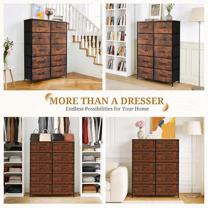 10-Drawer Fabric Dresser, Chest of Drawers Clothes Cabinet for Closet & Bedroom, Storage Organizer with Steel Frame for Entryway, Dorm, Living Room, Brown