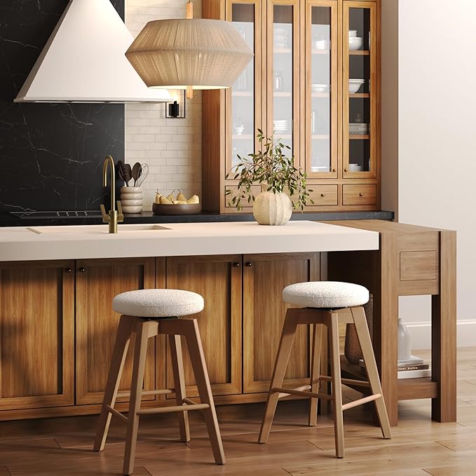 Nathan James Amalia Bohemian Swivel Bar Stool, Backless Counter Height Boucle Counter Stool with Solid Wood Legs and Upholstered Seat, White Oak