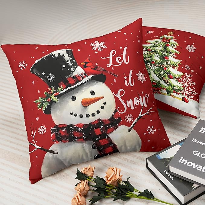 Red Christmas Pillow Covers Snowman Throw Pillow Covers Xmas Tree Pillow Case 18x18 Winter Snowflakes Cotton Blend Cushion Case for Holiday Decor Couch Sofa 2 Pack