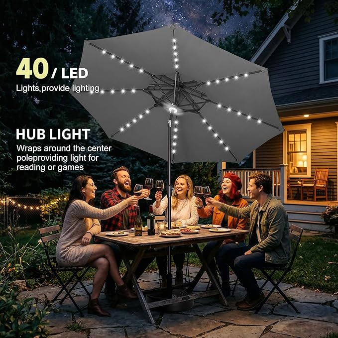 9FT Solar Umbrella Outdoor - 2-Tier Lighted Solar Patio Umbrella with 40 LED Lights Waterprool UV Protection, Table Umbrella with Tilt for Pool, Porch, Garden, Backyard (Anthracite)