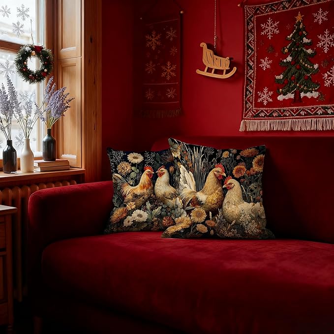 William Morris Inspired Chicken Pillow Covers 18x18 Set of 2,Chicken Lover Mom Lady Gifts,Dark Cottagecore Wildflowers Rooster Decorative Throw Pillow Covers for Farmhouse Home Bedroom