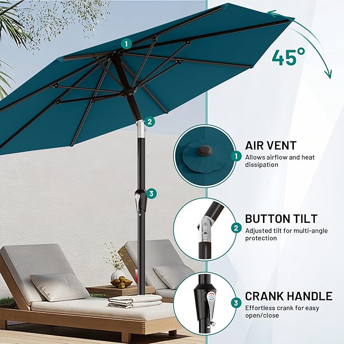 AreShark 10 FT Outdoor Patio Umbrella, Patio Table Umbrella with Push Button Tilt and Crank, Outdoor Patio Umbrellas with 8 Fiberglass Ribs, Patio Umbrellas for Market, Garden, Pool (Lake Blue)