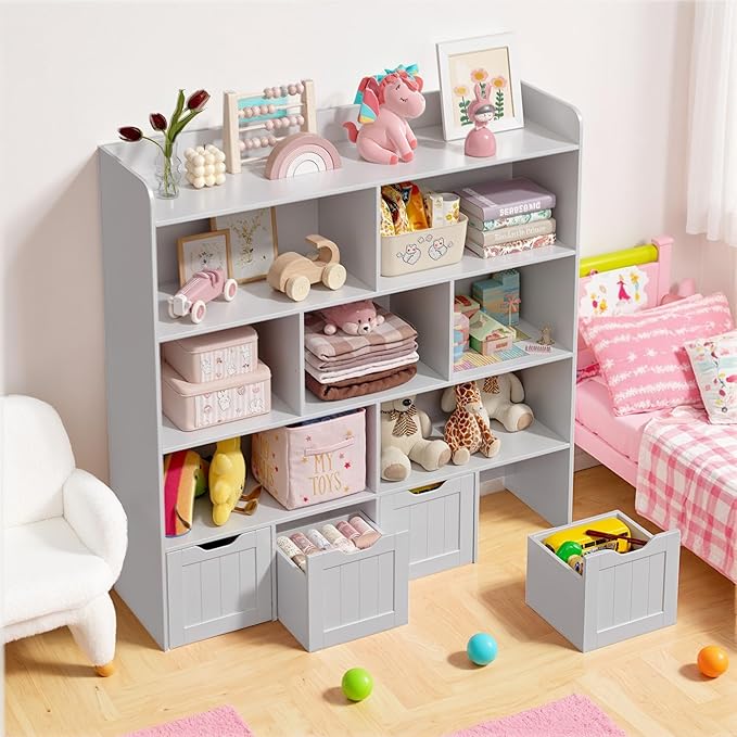Gizoon Toy Storage Cabinet and Kids Bookcase with 4 Movable Drawers and 8 Open Shelves Toy Chest Shelf Organizer with Hidden Wheels for Playroom Nursery Kids Room, Grey