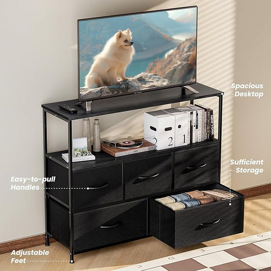 NEWBULIG 5 Drawer TV Stand with Wood Top, Entertainment Center for 45 inch TVs & Fabric Storage Organizer, Adjustable Feet, for Bedroom & Living Room,Black02