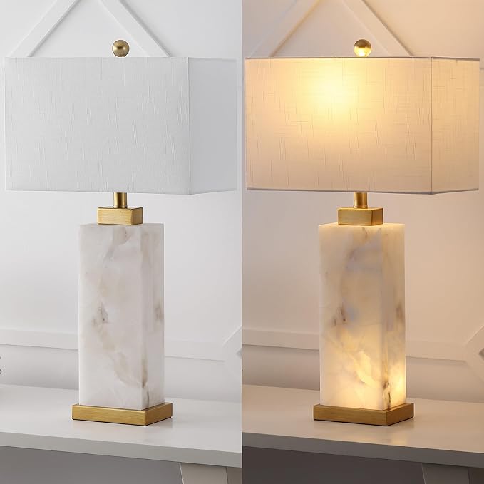 JONATHAN Y 27.5" White/Gold Modern Alabaster LED Table Lamp for Home Decor, White Linen Shade, Coastal Nightstand Lamp with Built-in Base Accent Light JYL6201A