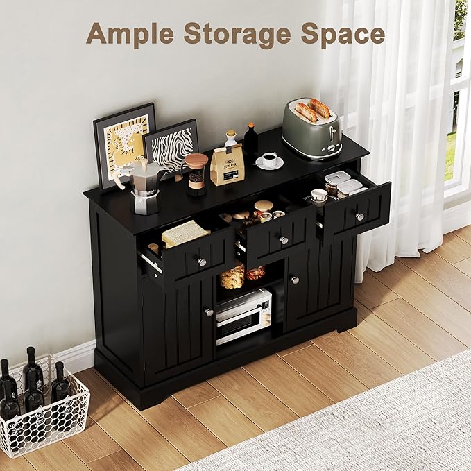 ChooChoo Buffet Cabinet, Coffee Bar with Drawers and Doors, Sideboard Storage with Shelves for Kitchen, Dining Room, Living Room, Black
