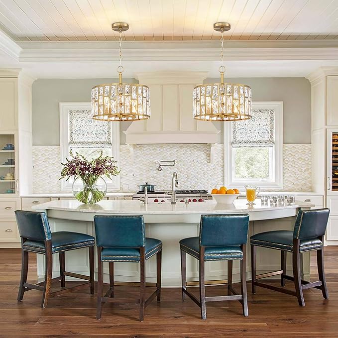 MEXO Farmhouse Crystal Convertible Chandelier and Semi Flush Mount Lighting Gold Cylinder Drum Shade Pendant for Kitchen Island Dining Room Bedroom Hallway